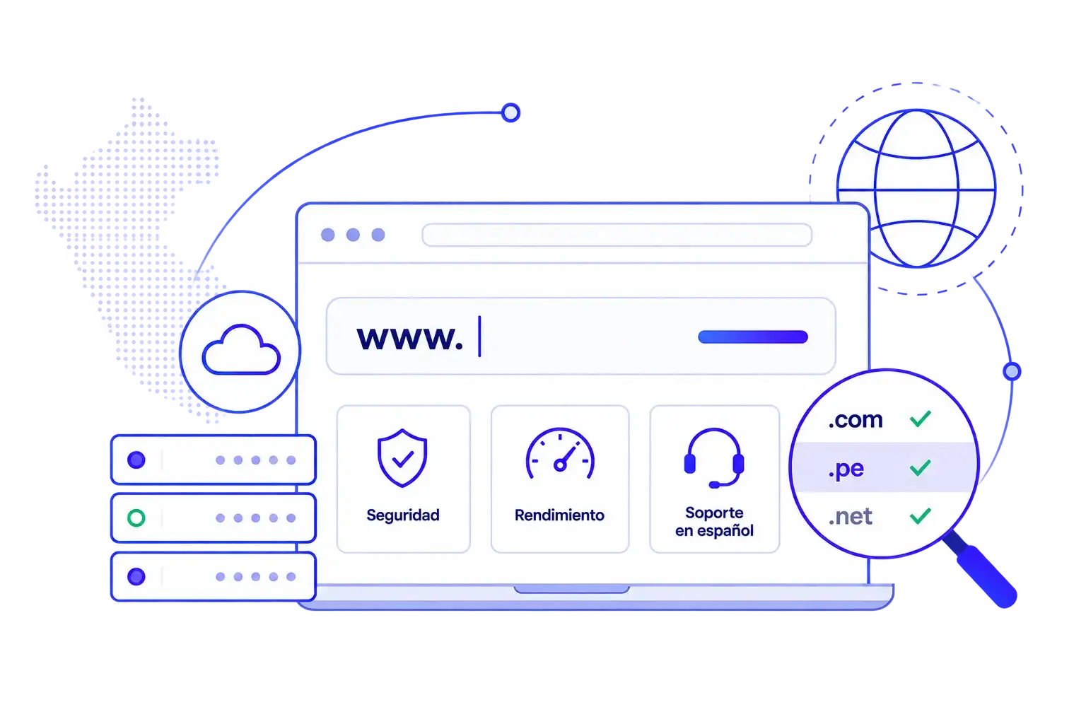 Hosting, dominios y servicios web - Ilustración de infraestructura
